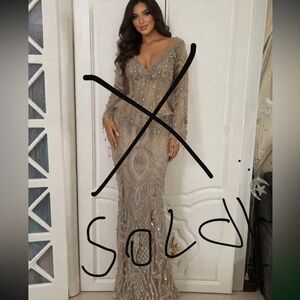 Elegant Beaded Taupe Evening Gown